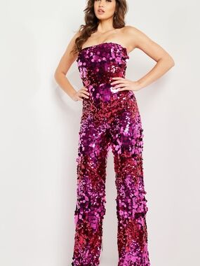 Jovani Strapless Sequin Jumpsuit - Fuchsia & Magenta
